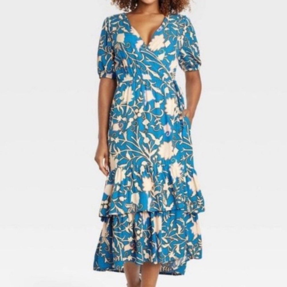 🔵 6) Knox Rose Womens Sz XS Short Sleeve Wrap Dress Blue Floral Ruffle Hem NWOT